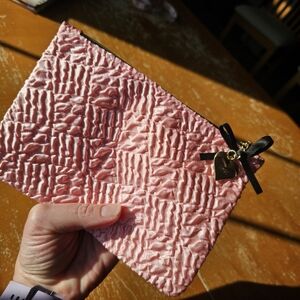NWOT IPSY Pink Crinkle Makeup Bag With Black Bow